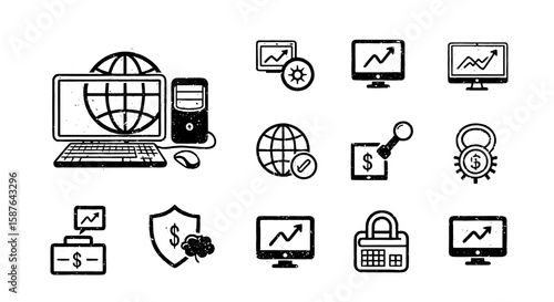 Business finance money icon set. Hand drawn sketch economy, computer, monitor chart, growth, globe with checkmark, money secure investment. Vector illustration