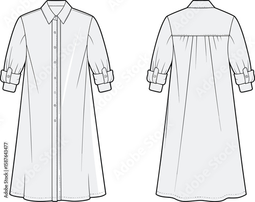 Rolled sleeve button down shirt dress technical flat sketch, front and back view, vector template, fashion cad drawing illustration
