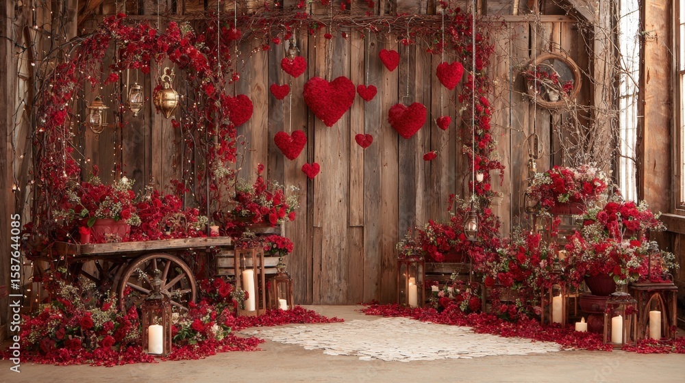 Fototapeta premium Romantic rustic setting with red heart decorations, flowers, and candles against a wooden backdrop, creating a warm and intimate ambiance.