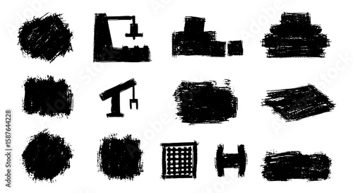 Industry sketch icon brush set. Grunge construction crane, cargo, metal H bar hand drawn doodle brush stroke manufacturing art. Vector illustration.