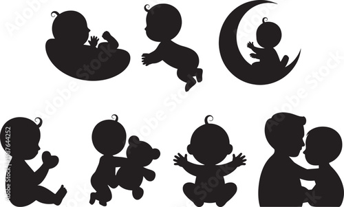 Baby silhouettes playing resting cuddling moon child infant