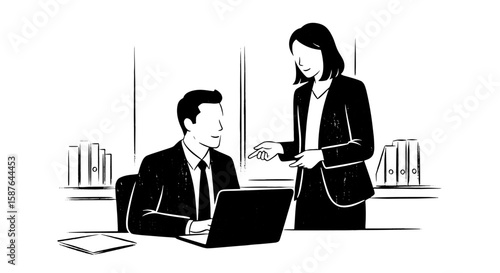 Business team sketch: Woman advises man at laptop in office.
