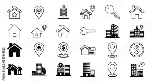 Real estate icon sketch set. Hand drawn house, building, key, location for property business sale, rent in doodle style. Vector illustration