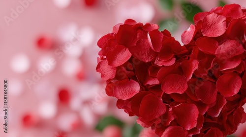 A heart shape made of red rose petals on a soft pink background, symbolizing love and romance, with blurred petals in the background.