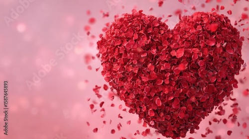 A heart-shaped arrangement of red rose petals against a soft pink background, symbolizing love and romance.