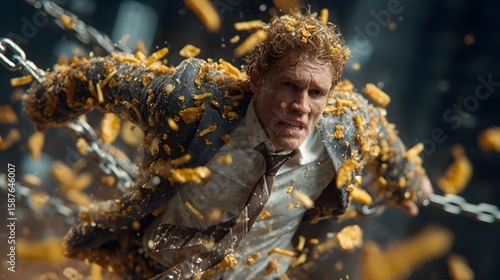 Mann sprengt Ketten aus Fastfood in dynamischer Pose – Symbol für Befreiung von ungesunden Gewohnheiten
