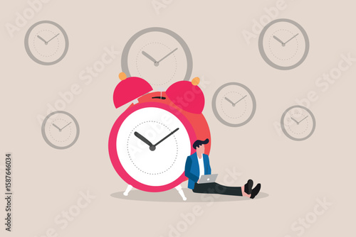 Businessman sitting on clocks, organizing time, planning tasks and scheduling. Concept of effective self organization and management control