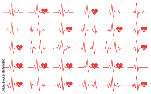 ECG Rhythm Icon Set – Silhouettes of Normal and Abnormal Heartbeat Patterns with Heart Symbols