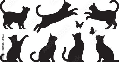 Black cat silhouettes in various poses with butterflies animal feline