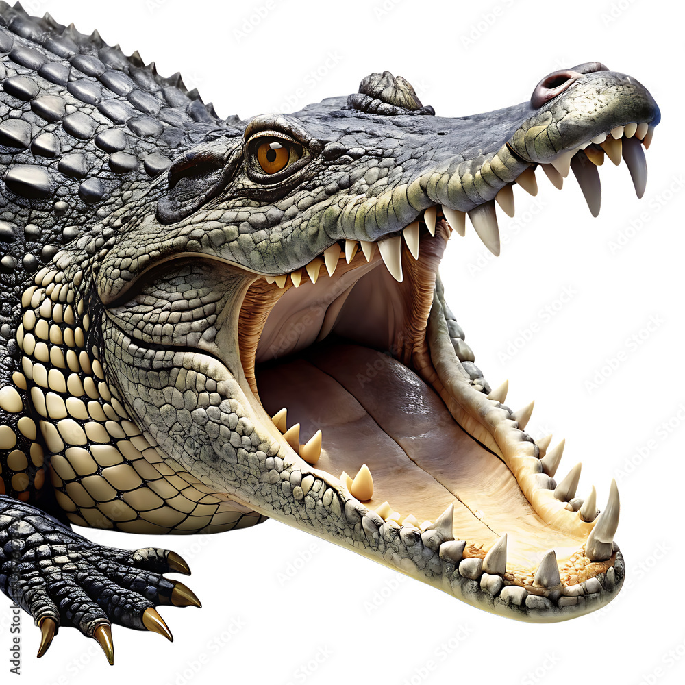 Obraz premium a black and white illustration of a crocodile or alligator with its mouth open and sharp teeth alligator isolated on white background, PNG
