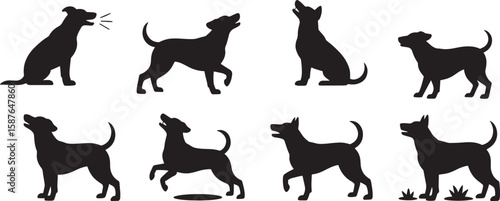 Black dog silhouettes in various barking poses howling