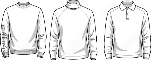 Sweatshirt polo turtleneck flat sketch, men fashion cad drawing, long sleeve top vector, technical apparel illustration, clothing design
