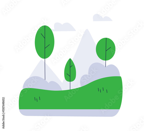 Abstract nature landscape. Forest trees and mountains, wild outdoor scene. Wi...
