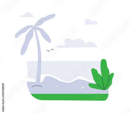 Abstract beach landscape. Sea resort, seaside nature scene with coast, palm tree, birds, clouds. Tropical outdoor scenery, summer holiday. Flat vector illustration isolated on white background