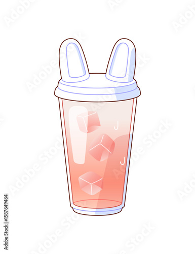 Glass of refreshing soft drink with ice cubes. Cup of cool cocktail with cute cap. Cold fresh juice, pink beverage with fruit flavour to quench thirst. Flat isolated vector illustration on white