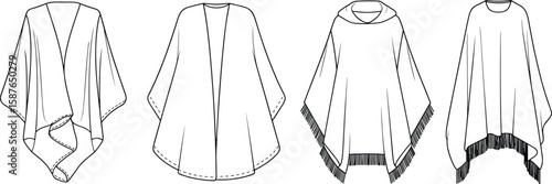 Poncho cape flat sketch, fashion technical drawing, women outerwear CAD, vector template, cloak coat design, apparel illustration