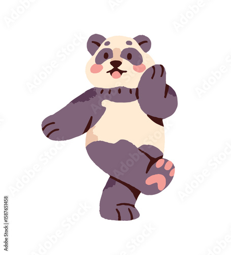 Cute panda dances. Funny anthropomorphic animal moves with music, has fun at the party. Happy Asian bear celebrates success, rejoices at winning. Flat isolated vector illustration on white background