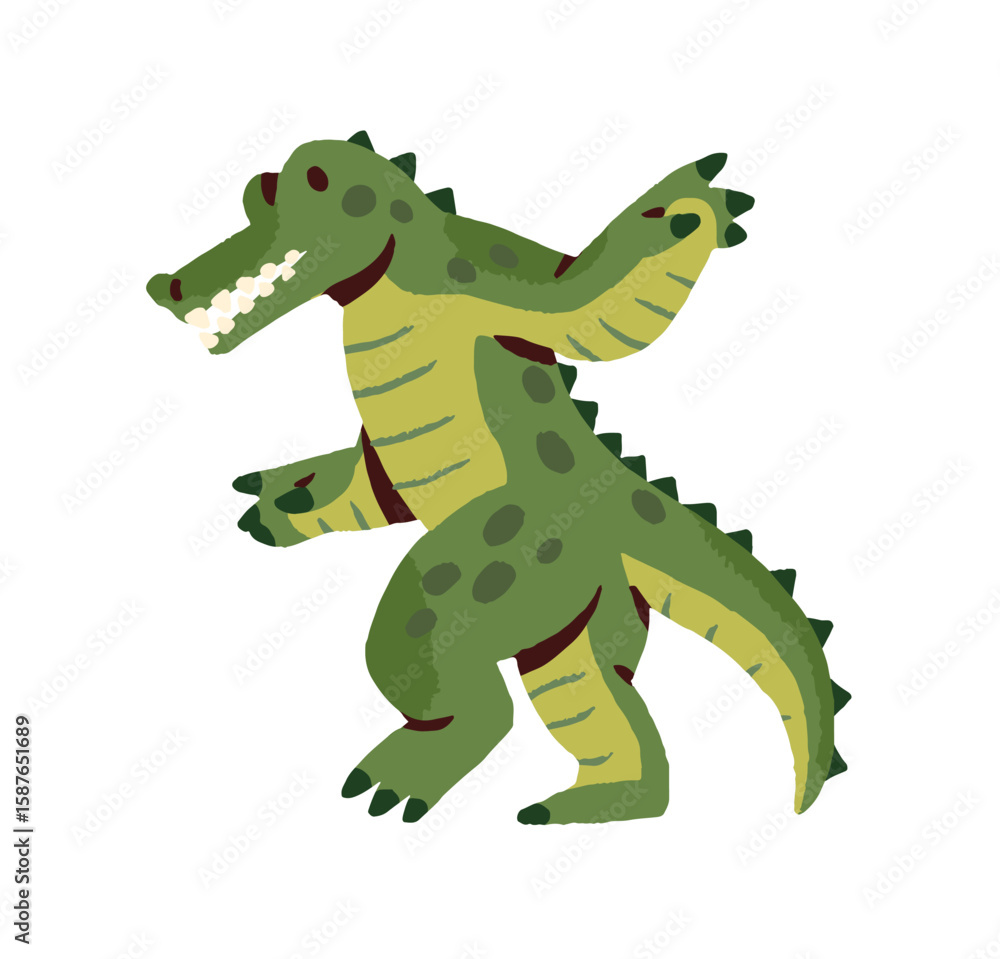 Obraz premium Cute green crocodile dances at the party. Funny anthropomorphic animal has fun with music at the disco. Happy reptile celebrates success and win. Flat isolated vector illustration on white background