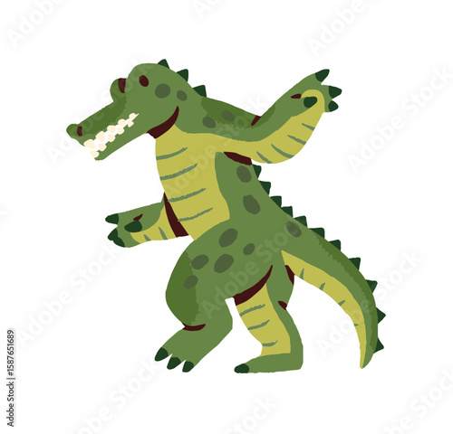 Cute green crocodile dances at the party. Funny anthropomorphic animal has fun with music at the disco. Happy reptile celebrates success and win. Flat isolated vector illustration on white background