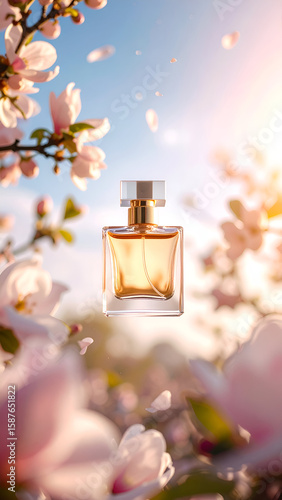A perfume bottle surrounded by blooming flowers in a bright, sunny atmosphere.