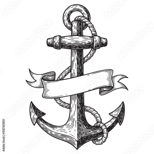 Nautical anchor with rope and banner woodcut engraving vector illustration
