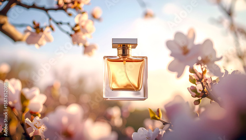 A perfume bottle suspended among blooming flowers, evoking beauty and fragrance.