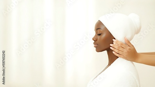 Relaxing spa treatment for a woman with a towel wrapped hair