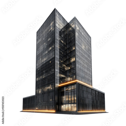 Black glass office skyscraper with glowing orange edge lights. Modern twin-tower composition on clean white background. Concept of innovation, power