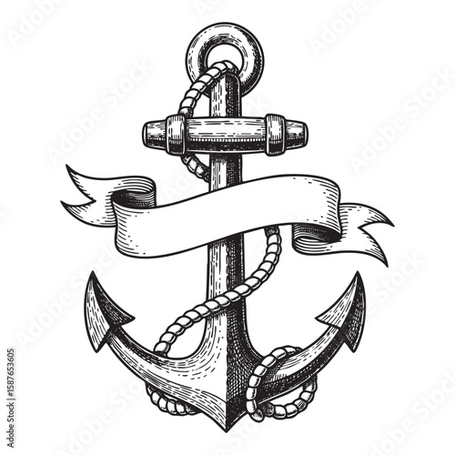 Nautical anchor with rope and banner woodcut engraving vector illustration