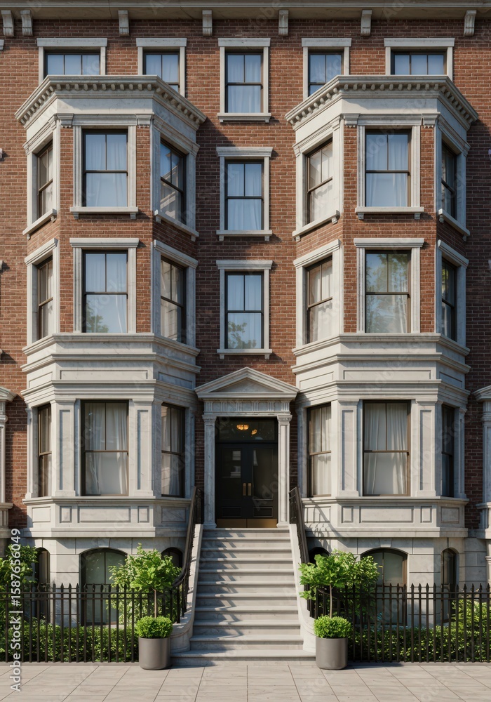 Naklejka premium Exterior view of a brown brick building with bay windows and a central entrance staircase