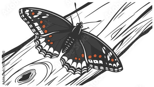Detailed vector illustration of a butterfly resting on wood for nature and insect enthusiasts art design