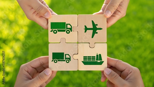 Hands holding puzzle pieces with green icons of transportation modes for logistics