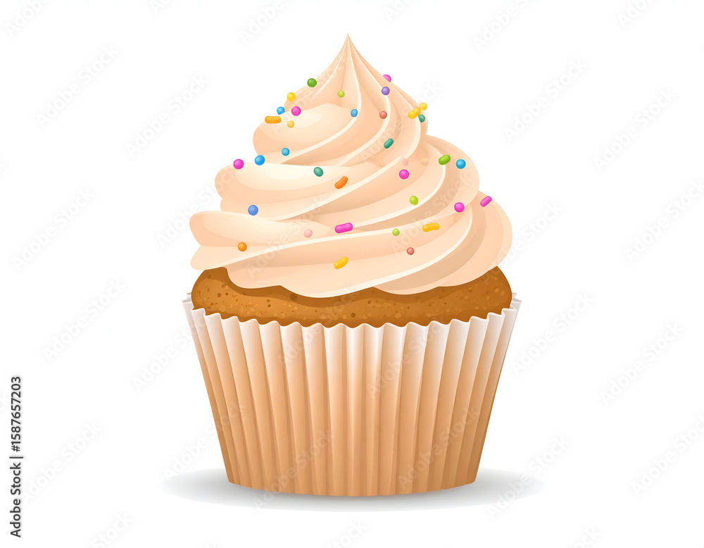 A delicious cupcake with creamy swirled frosting topped with colorful round sprinkles, isolated on white background. Perfect for dessert, bakery, or celebration themes. A delicious cupcake with creamy swirled frosting topped with colorful round sprinkles, isolated on white background. Perfect for dessert, bakery, or celebration themes.