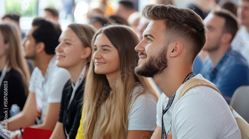 Close-up of an energized group of attendees at a business expo, listening attentively to an inspiring startup founder. 