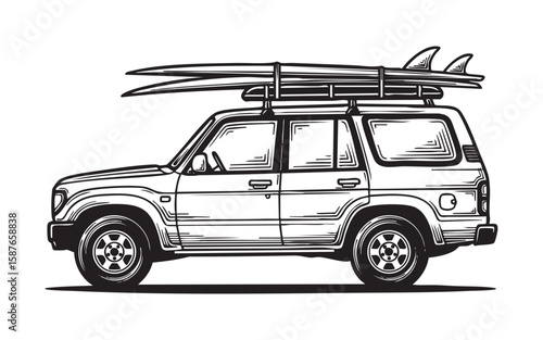 Vintage car with surfboard woodcut engraving vector illustration