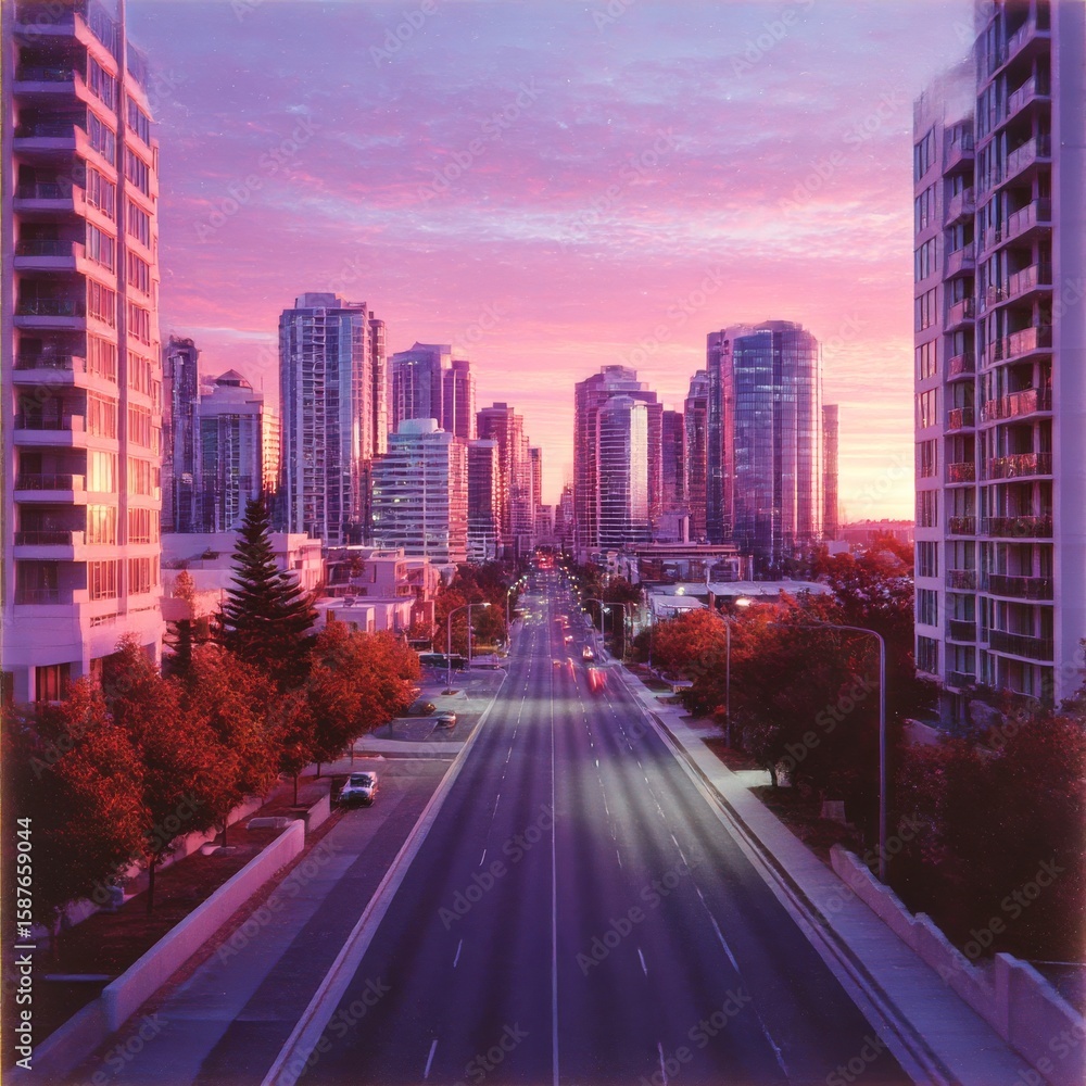 Obraz premium Cityscape at Dusk: A Street View of Modern Buildings Under a Pink and Purple Sky, Urban Twilight