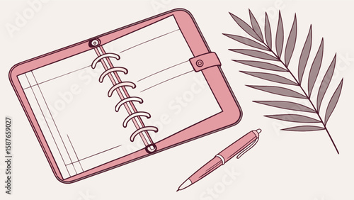 Pink planner organizer with pen and leaf for journaling and note taking for productivity and planning needs