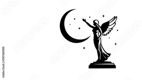 Angel reaching for the moon and stars vector illustration celestial goddess silhouette design graphic art
