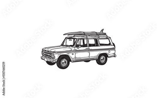 Vintage car with surfboard woodcut engraving vector illustration