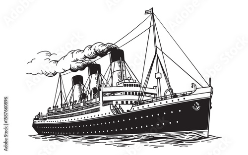 steamship at sea woodcut engraving vector illustration
