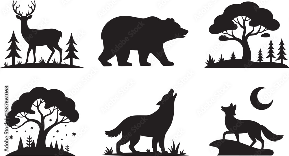 Obraz premium Deer bear wolf trees moon stars forest