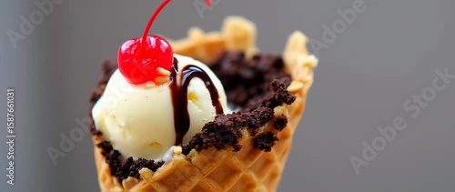 Wallpaper Mural Delicious Waffle Cone Ice Cream Sundae: Creamy Vanilla, Chocolate, Cherry Torontodigital.ca