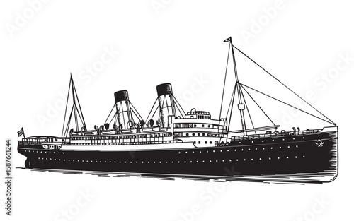 steamship at sea woodcut engraving vector illustration