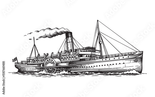 steamship at sea woodcut engraving vector illustration