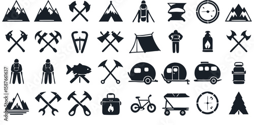 Solid camping icon set featuring mountains, tents, axes, hikers, compass, caravan trailers, campfires, cooler, fishing, forest, bike, water bottle, and adventure gear all in black silhouettes Icons.
