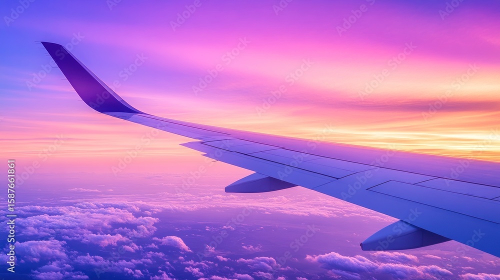 Obraz premium Airplane wing over colorful sunset sky