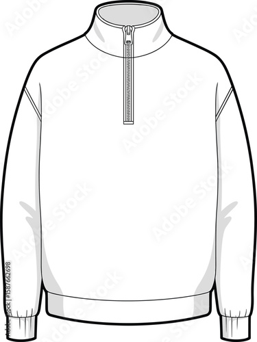 Men's Mock Neck Quarter Zip Sweatshirt, Front View, Technical Flat Sketch, Fashion CAD Drawing, Vector Apparel Template Illustration