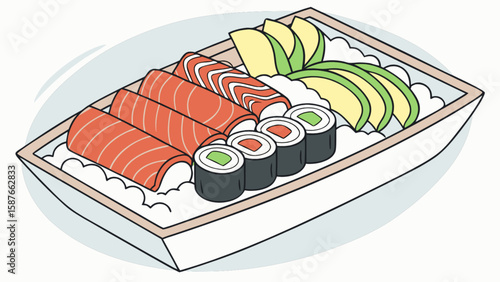 Delicious sushi platter with salmon rolls avocado and maki rolls japanese cuisine food art illustration