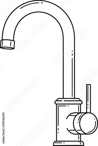 Line drawing of a modern, single-lever kitchen faucet.