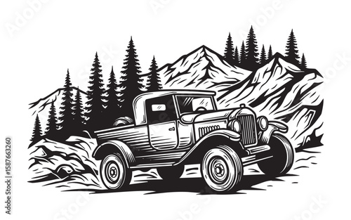 Off-road car in mountains landscape woodcut engraving vector illustration